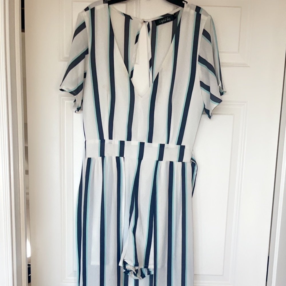 Boutique Short Jumpsuit- white teal and grey